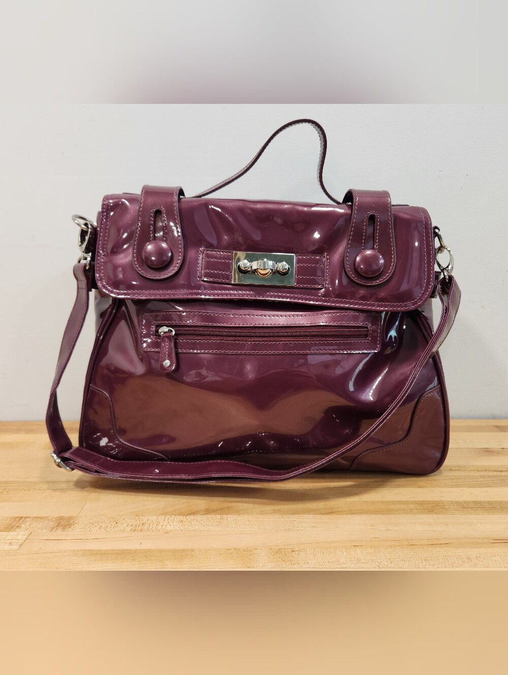 Nine West Plum Satchel Top Handle Bag Detachable Strap Striped Lining Fall